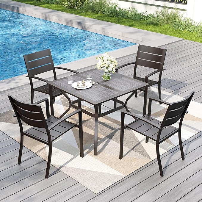 PHI VILLA 5 Pieces Outdoor Patio Dining Set for 4, 37" Black Square Mesh-top Metal Table with Umbrella Hole & Stackable Wrought Iron Chairs, Outside Furniture Set for Deck, Porch, Backyard