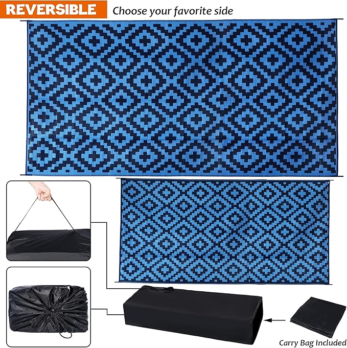 SAND MINE Waterproof Outdoor Rug 9x18 ft, Plastic Reversible Rug, Modern Area Rug, Large Floor Mat for Outdoors, RV, Patio, Backyard, Deck, Picnic, Beach, Camping, Blue