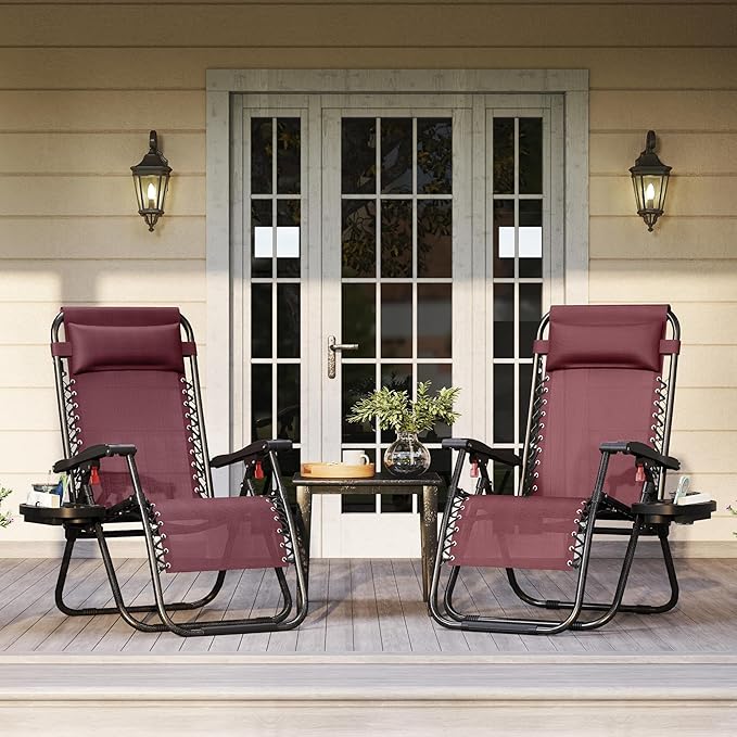 Yaheetech Zero Gravity Recliners Outdoor Adjustable Folding Reclining Lounge Chairs w/Pillows, Cup Holder Trays and Carry Strap for Patio Backyard Beach Burgundy Set of 2
