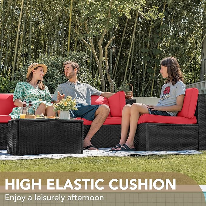 Devoko 7 Pieces Outdoor Sectional Sofa Patio Furniture Sets Manual Weaving Wicker Rattan Patio Conversation Sets with Cushion and Glass Table (Red)