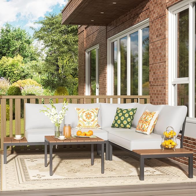 NATURAL EXPRESSIONS Patio Furniture Sets, L Shape Patio Sectional Metal Outdoor Sectional Corner Sofa Outdoor Couch with Detachable Backrest,3 Fauxwood Tables,5” Grey Olefin Cushions