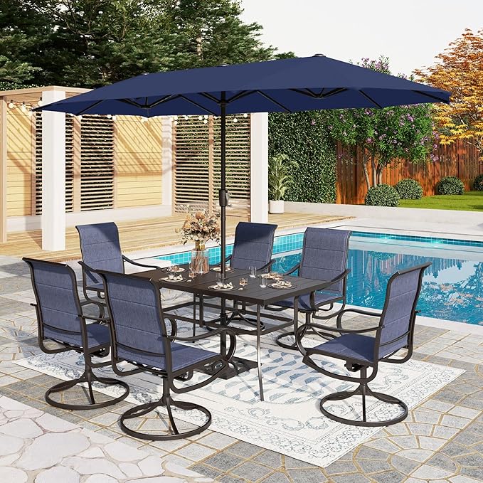 PHI VILLA 8 Piece Patio Dining Set with 13ft Patio Umbrella (Navy Blue), 6 Outdoor Padded Swivel Dining Chairs & 1 Large Metal Dining Table with 1.57" Umbrella Hole, for Lawn Garden Backyard