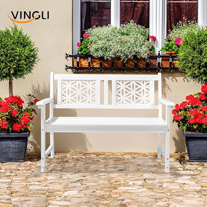 VINGLI 47" Outdoor Wood Bench, All Weather Outdoor Wooden Patio Garden Bench, Outside Loveseat 660lbs Capacity for Front Porch Park Entryway (White)