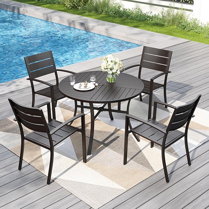 PHI VILLA 5 Pieces Outdoor Patio Dining Set for 4, 42”Round Black Metal Steel Table with Umbrella Hole & Stacking Wrought Iron Chairs, Modern Outside Furniture for Deck, Yard, Porch