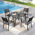 PHI VILLA 5 Pieces Outdoor Patio Dining Set for 4, 42”Round Black Metal Steel Table with Umbrella Hole & Stacking Wrought Iron Chairs, Modern Outside Furniture for Deck, Yard, Porch