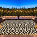 SAND MINE Reversible Mats with Led Strip Lights, Plastic Straw Rug, Modern Area Rug, Large Floor Mat for Outdoors, Patio, Backyard, Deck, Picnic, Camping, Black & Beige, 8' x 10'