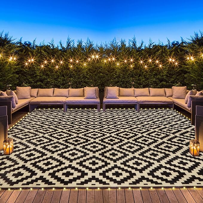 SAND MINE Reversible Mats with Led Strip Lights, Plastic Straw Rug, Modern Area Rug, Large Floor Mat for Outdoors, Patio, Backyard, Deck, Picnic, Camping, Black & Beige, 8' x 10'