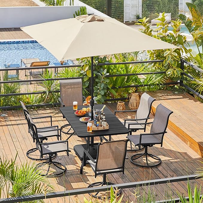 Yaheetech Outdoor Dining Table for 6 People, Rectangle Metal Slatted Patio Table with Umbrella Hole, Outdoor Furniture Garden Table for Garden Poolside, Backyard, Black