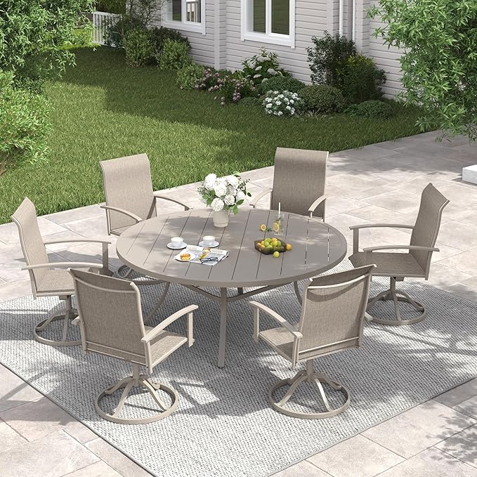 VICLLAX 53" Outdoor Round Patio Table for Lawn Garden, All Weather Metal Round Patio Dining Table with Adjustable Umbrella Hole, Patio Table for 8 Person, Sandshell Tabletop