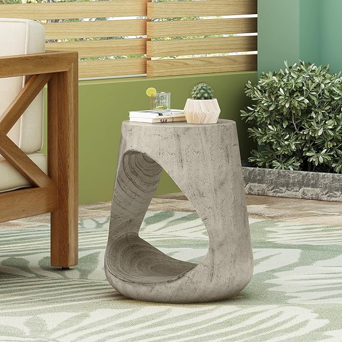 Christopher Knight Home Novi Outdoor Side Table, Hollow Round-Shaped Decorative Accent Side End Table, Garden Stool for Patio Balcony Beach Pool, Lightweight Concrete, Wood-Like Texture, Gray