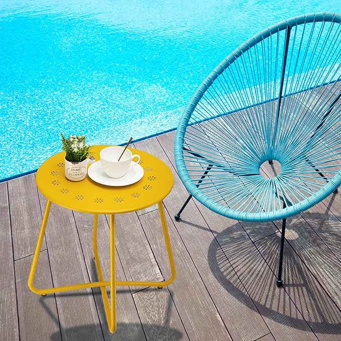 danpinera Outdoor Side Tables with Flower Cut Outs, Weather Resistant Steel Patio Side Table, Small Round Outdoor End Table Metal Side Table for Patio Yard Balcony Garden Yellow