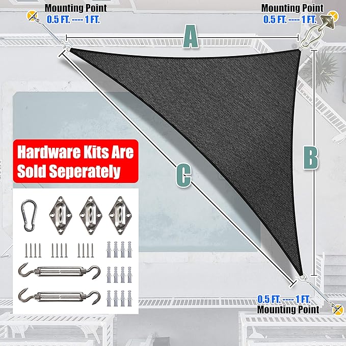 Amgo Custom Size 17' x 19' x 25.5' Black Right Triangle Sun Shade Sail Order to Make Canopy Awning UPF50+ AGSLT, 95% UV Blockage, Water & Air Permeable, 200GSM Commercial Standard (We Customize)
