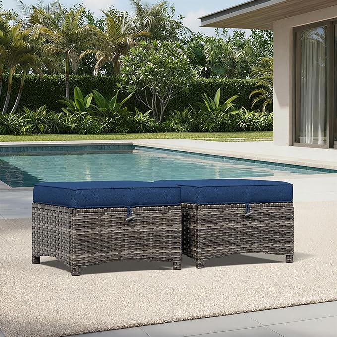 Joyside Outdoor Ottoman Set of 2, Patio Large Ottoman Foot Rest with Thickened Cushions, Outdoor Wicker Foot Stool for Porch, Deck Use