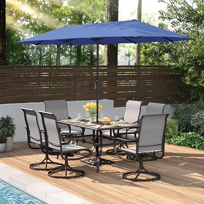 PHI VILLA Outdoor Patio Dining Set with Haze Blue Umbrella for 6 Person, Outdoor Swivel Dining Chairs & 1 Large Wooden-Like Top Table with 13ft Outdoor Umbrella(No Base) for Deck Lawn Garden Backyard