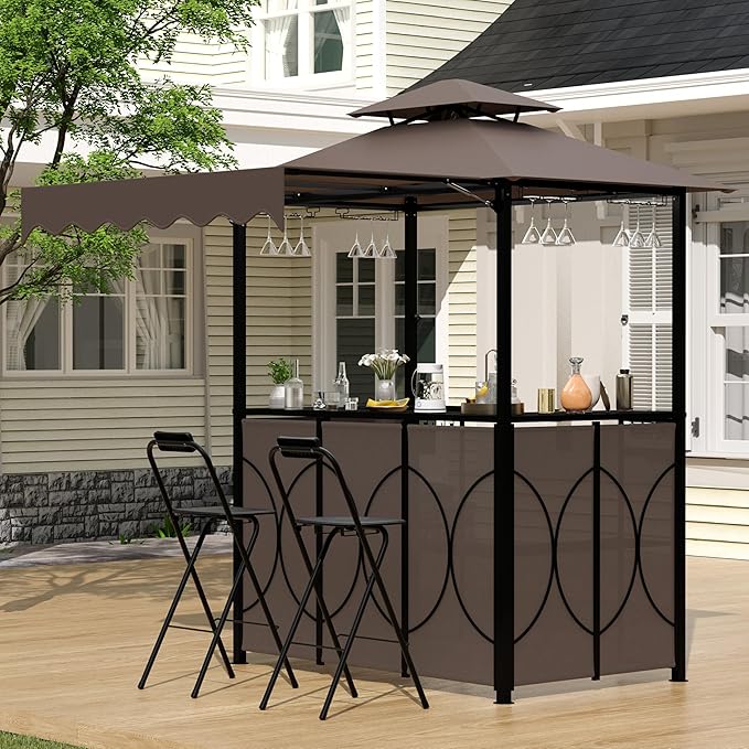 Outdoor Grill Gazebo with Patio Bar Set, Double-Tier BBQ Shelter with Side Awning, Complete Set Includes 2 Foldable Stools, U-Shaped Storage, Glass Holders & Hooks for Yard, Poolside, Garden