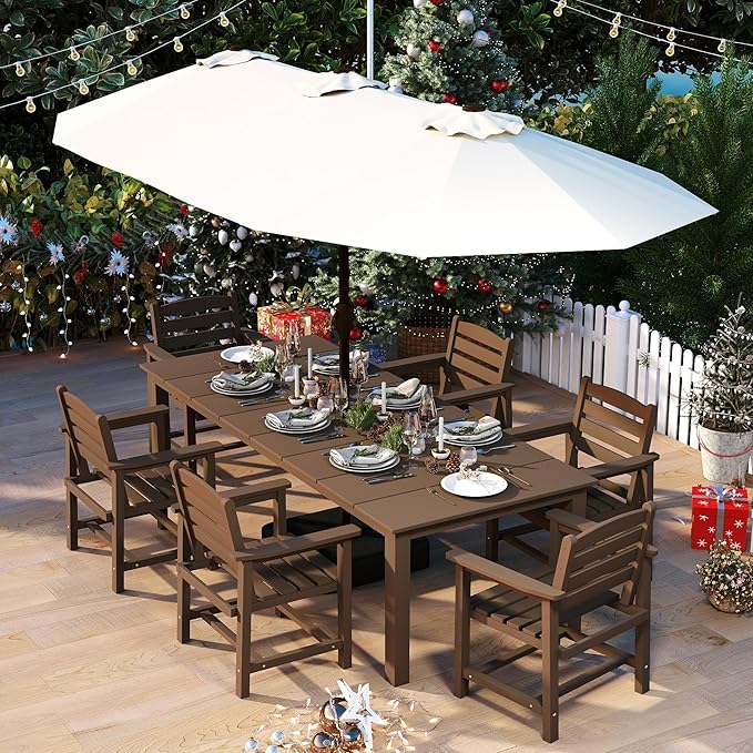 5-Piece Brown Outdoor Dining Set for 4, 75.2'' HDPE Table with Umbrella Hole & Chairs, Weather-Resistant Patio Furniture for Garden, Lawn, or Poolside