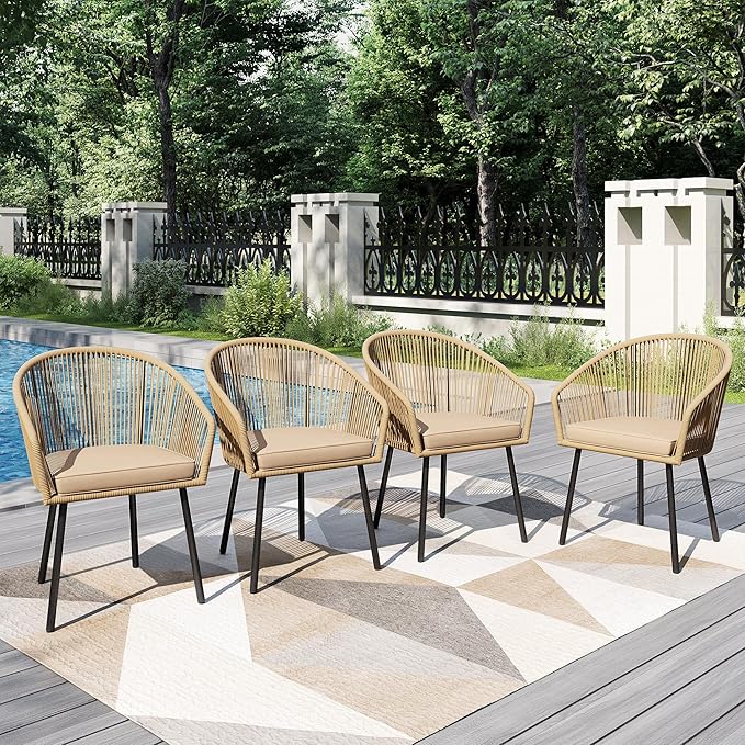 PHI VILLA Patio Wicker Chairs Set of 4, Outdoor Modern Brown Rope Rattan Chairs with Metal Legs & Cushions, Outside Dining Bistro Furniture for Deck, Porch, Backyard