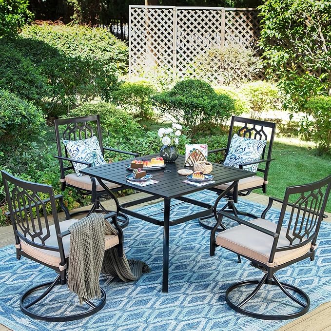 PHI VILLA 5 Pieces Outdoor Dining Set for 4, 37" Black Square Wrought Iron Table with Umbrella Hole & Metal Swivel Chairs with Cushions, Outside Furniture for Patio, Deck, Yard, Porch