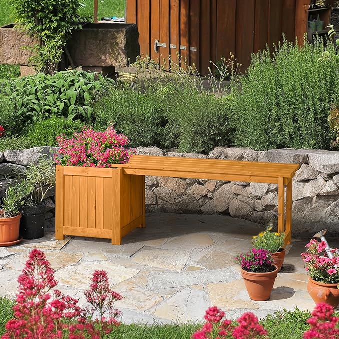 VINGLI Outdoor Wood Bench with Planter Boxes, 2-in-1 All-Weather Porch Bench Seat ＆ Open-Ended Wooden Raised Garden Bed, for Balcony Yard Patio (1 Box)