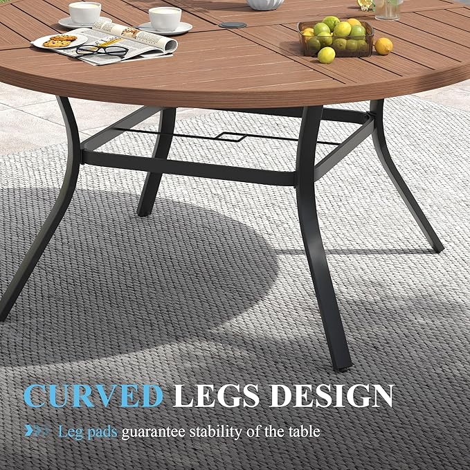 VICLLAX Patio Table and Chair Set of 8, All Weather Metal Round Outdoor Dining Furniture Set-53 Round Outdoor Table and Chairs, Walnut Wood Grain Tabletop