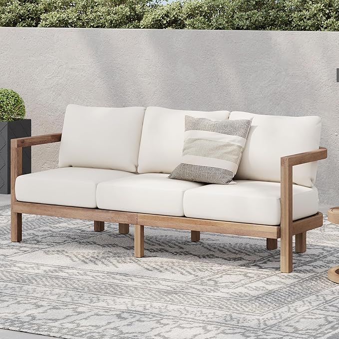 Christopher Knight Home Havets 74.75"W Outdoor 3 Seater Sofa, 6" Thick Cushion Couch, Acacia Wood Bench Sofa, Slats Panel Open Back, Spacious Seating Bench Couch for Backyard Garden Porch, Brown+Beige