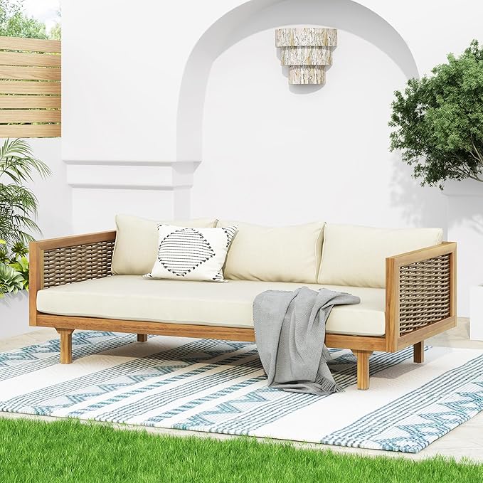 Christopher Knight Home Claremont Patio Sofa and Coffee Table Set, 2 Piece Wicker Patio Furniture Set, Acacia Wood 3 Seater Outdoor Sofa Daybed and Coffee Table Set, Teak+Beige