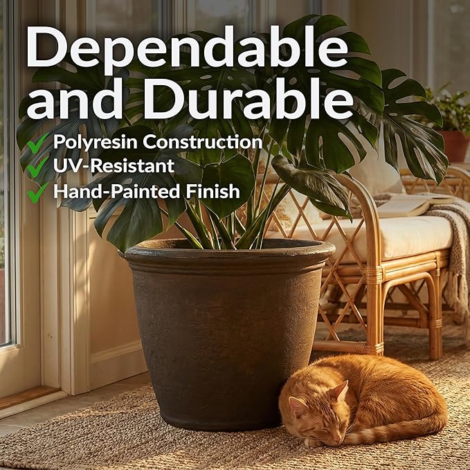 Sunnydaze 20-Inch Anjelica Large Plastic Pot for Plants - Outdoor Double-Walled Large Plastic Planter with Drillable Drainage Holes - Rust - 4pk