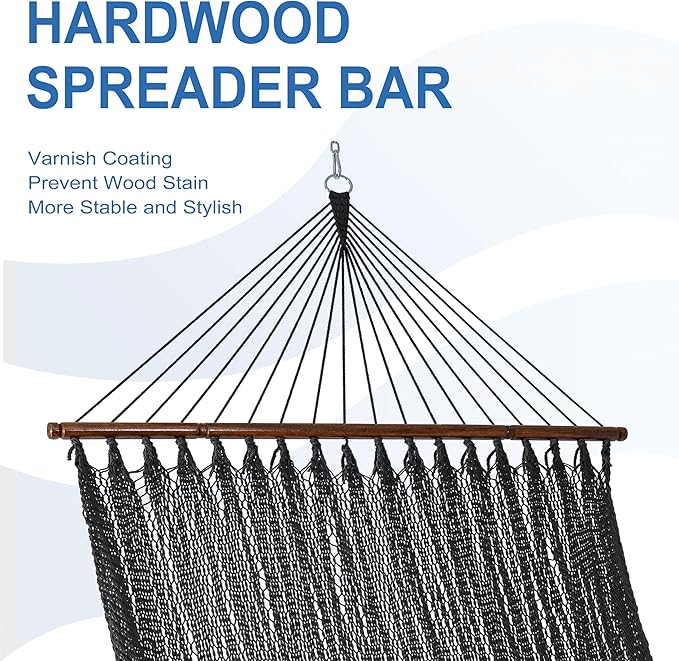 Lazy Daze Hammocks 10.5 FT Double 2 Person Caribbean Rope Hammock, Hand Woven Polyester Hammock with Spreader Bars, for Outside Outdoor Backyard Patio Poolside, 450 LBS Capacity, Gray