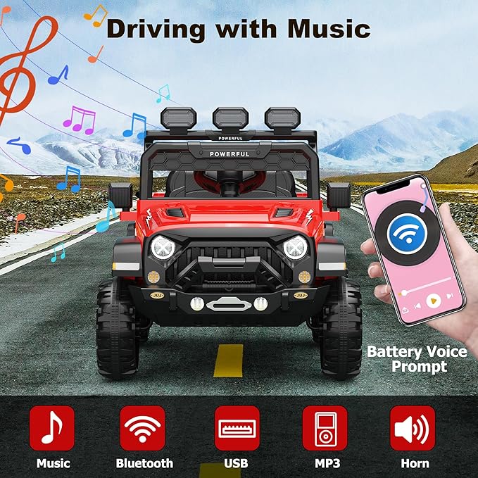 12V Kids Ride On Car with Parent Remote Control, Electric Car for Toddlers, Kids Electric Vehicle, Power Wheels Ride On Toy Big Kid, 3 Speeds, LED Lights, Bluetooth, Red