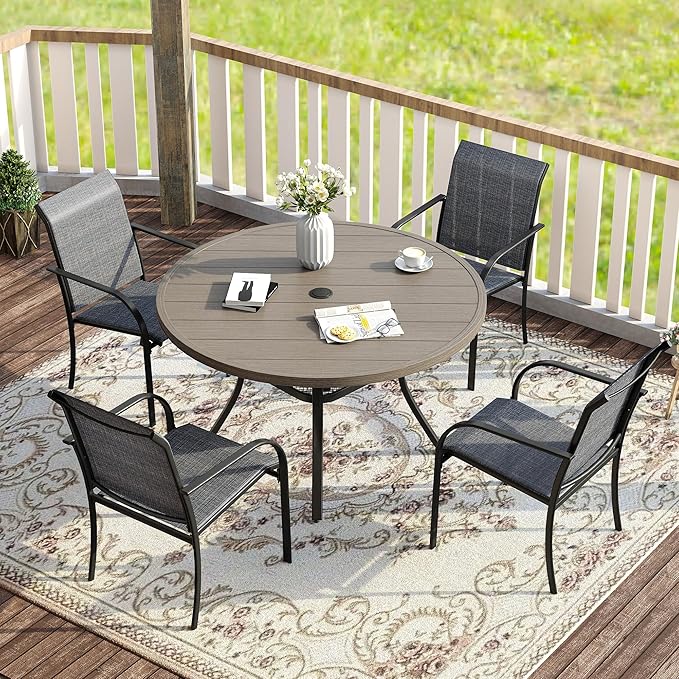 VICLLAX 5 Pieces Patio Dining Set for 4, Outdoor Furniture Set Includes 40.7" Round Patio Table and 4 Patio Stackable Chairs, Grey Wood Grain Tabletop and Grey Fabric