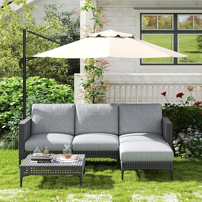 5 Pieces Outdoor Patio Conversation Set – Rattan L-Shaped Corner Sofa Comfortable Thickening Cushions for Garden, Balcony,Weatherproof Waterproof UV Resistance