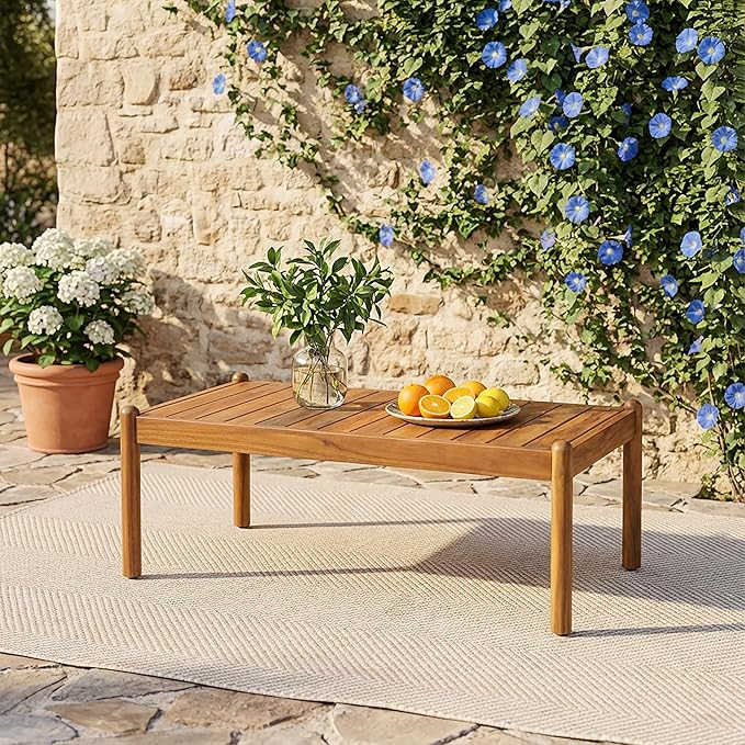 Christopher Knight Home Lenor Patio Acacia Wood Coffee Table, Solid Wood Outdoor Table for Patio Furniture Set, Slat Panel Rectangular Top, Teak
