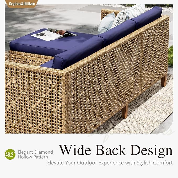 Sophia and William Boho Wicker Patio Furniture Set, Outdoor Rattan Sectional Sets Conversation Set - Weather-Resistant, with Dual Storage Coffee Table Acacia Wood Legs for Garden, Patio & Deck(Blue)