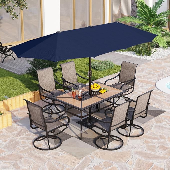 PHI VILLA Patio Dining Set with Umbrella for 6 Person, Outdoor Swivel Dining Chairs Set and 1 Large Rectangular Wooden-Like Top Table with 13ft Navy Blue Outdoor Market Umbrella(No Base)