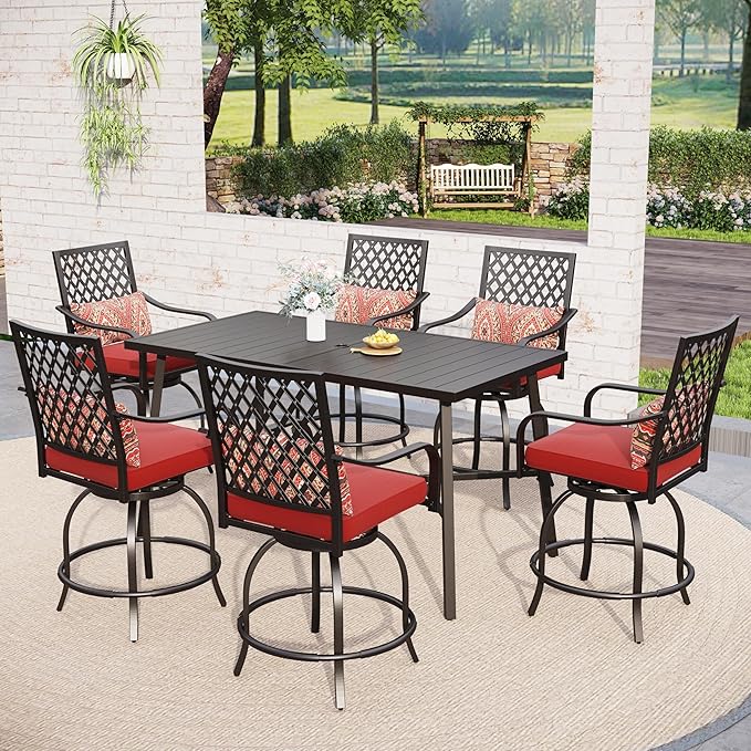 Sophia & William 7-Piece Outdoor Bar Set, Bar Height Patio Table and Chairs for 6, 6 Outdoor Swivel Bar Stools with Red Cushion and 1 Rectangular Bar Height Table