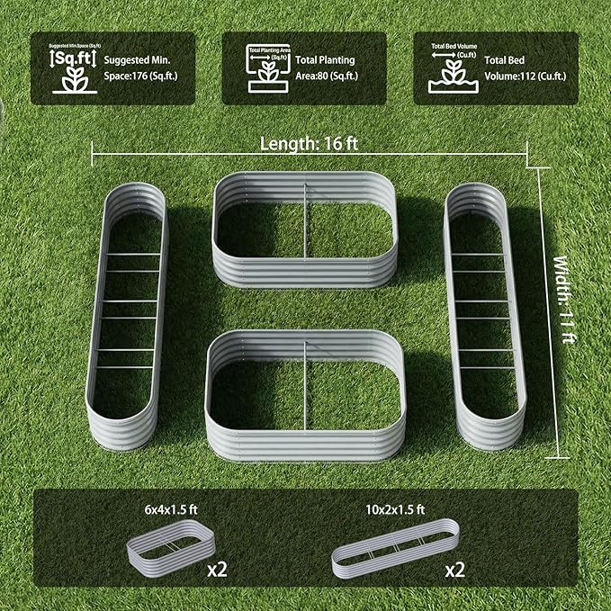 4-Pack 18” Tall Galvanized Raised Garden Beds – Small Space Garden Layout, Fits 170 Sq Ft Yard or Patio, 10x2x1.5 & 6x4x1.5 ft Metal Planter Box for Compact Outdoor Gardening - Sand Beige
