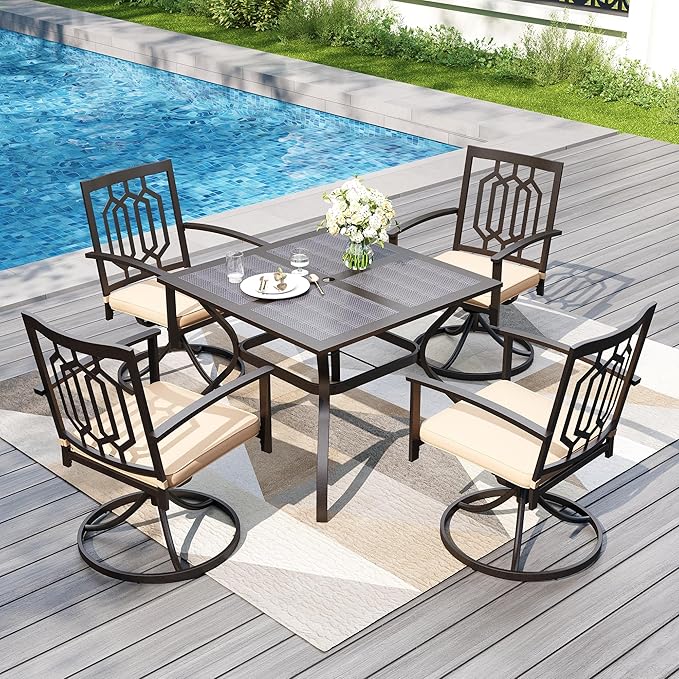 PHI VILLA 5 Pieces Outdoor Dining Set for 4, 37” Square Wrought Iron Table with Mesh Tabletop & Swivel Metal Steel Chairs with Cushions, Outside Furniture Set for Patio, Porch, Deck, Backyard