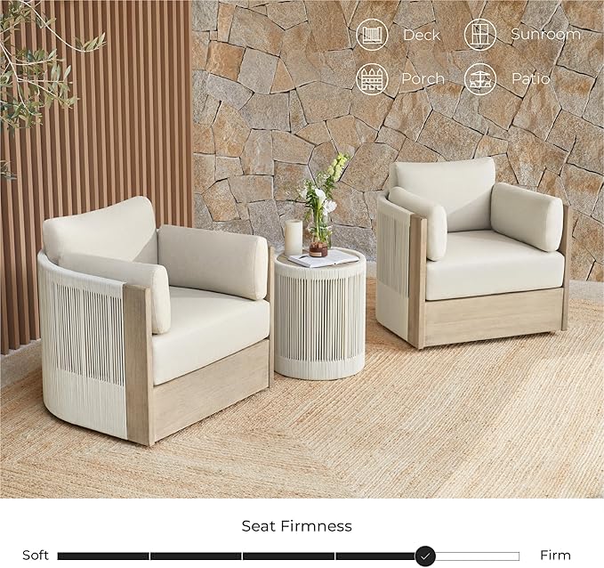 CHITA 3 Pieces Boho Patio Rattan Bistro Set, Outdoor Wicker Furniture Swivel Chairs & Side Table Set with 2 Arm Pillows, Acacia Wood Frame, Fully Assembled(Cream)