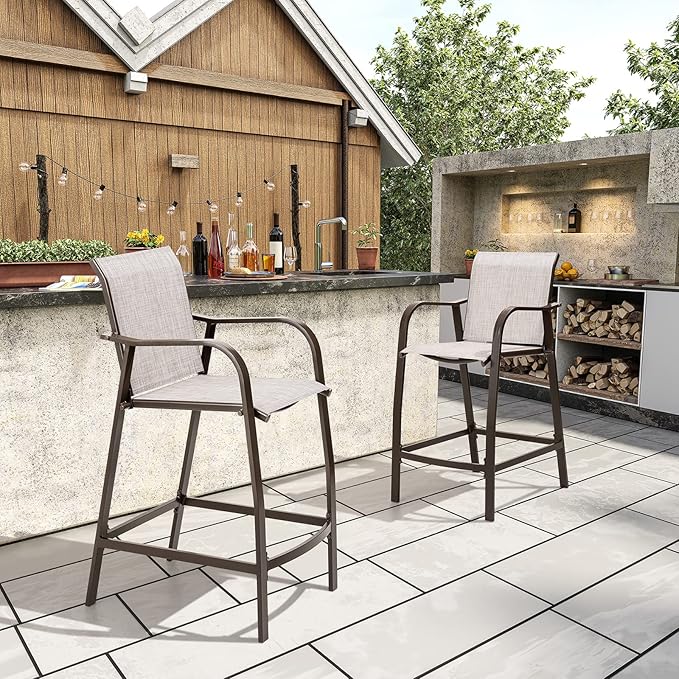 Crestlive Products Outdoor Bar Stools Set of 2, Counter Height Bar Stool All-Weather Patio Furniture with Armrests, Patio Aluminum Bar Stools for Garden Backyard Lawn, 27.5'' Seat Height (Beige)