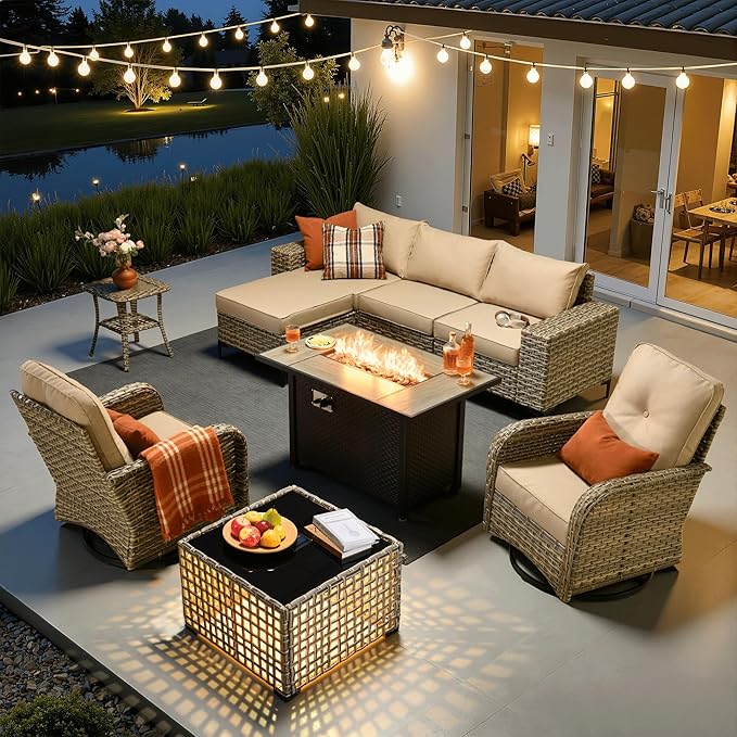 ovios 9-Piece Patio Furniture Set with L-Shape Sofa Chaise, Outdoor Sectional Couch Swivel Gliders Fire Pit Table Solar Table, Modern Modular Wicker Rattan Conversation Set, Beige