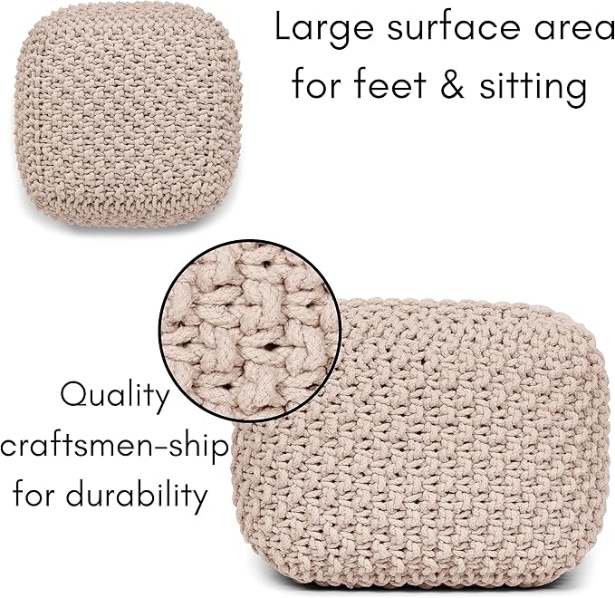 BIRDROCK HOME Square Pouf Ottoman | Cotton Braided Foot Stool with Bean Bag Filling | Boho Foot Rest for Living Room, Bedroom | Compact & Comfortable Seating, Lightweight & Sturdy | Natural
