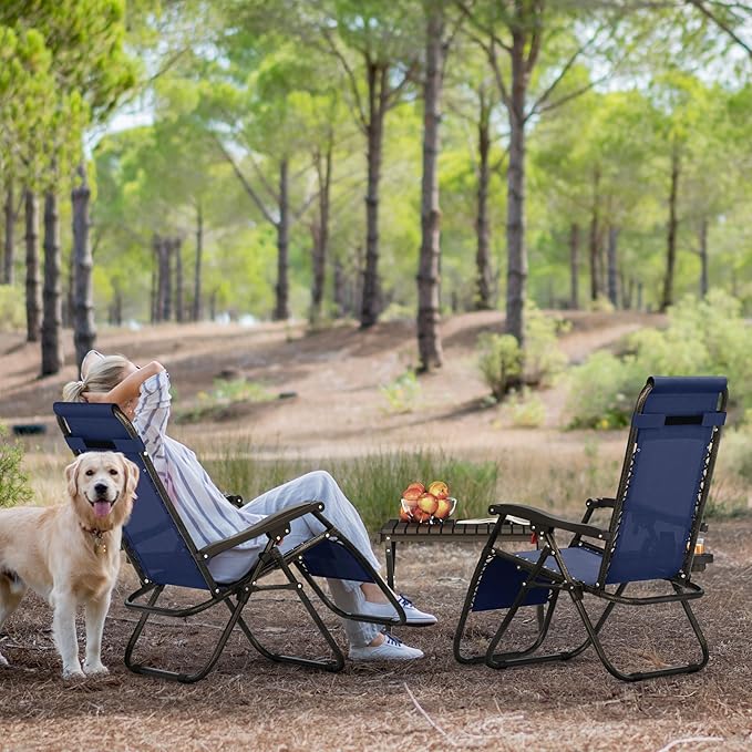 Yaheetech Zero Gravity Recliners Outdoor Adjustable Folding Reclining Lounge Chairs w/Pillows, Cup Holder Trays and Carry Strap for Patio Backyard Beach Navy Blue Set of 2