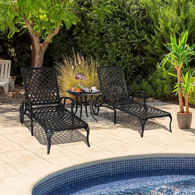 VINGLI Cast Aluminum Outdoor Chaise Lounge Chair with Wheels, Patio Chaise Lounge with 3-Position Adjustable Backrest, Tanning Chair Reclining Chair for Poolside (Black, Without Cushion)
