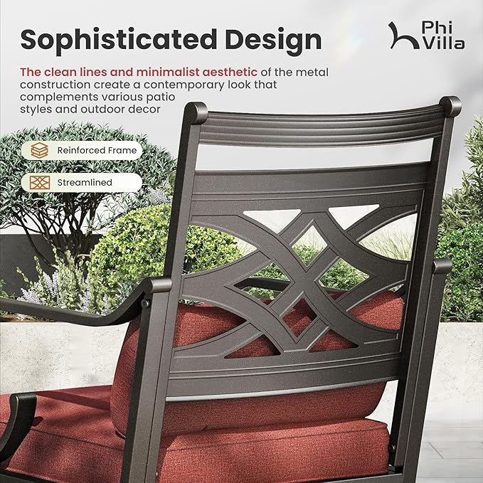 PHI VILLA 9 Pieces Outdoor Dining Set for 8, 60" Square Black Metal Table with Umbrella Hole & Wrought Iron Chairs, All Weather Outside Furniture with Red Cushions & Pillows for Patio, Deck, Porch