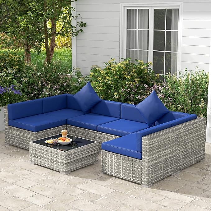 Outsunny 7 Piece Patio Furniture Set, Wicker Outdoor Sectional Sofa Set, All Weather PE Rattan Outdoor Furniture Conversation Sets with Cushions, Glass Top Coffee Table, Pillows, Blue