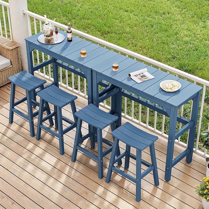 Weatherproof Bar Stools Set of 4, 28" Height Outdoor Bar Stools Holds up to 400 lbs, Saddle Seat, Bar Height Stools for Patio, Garden, and Kitchen Island, Blue