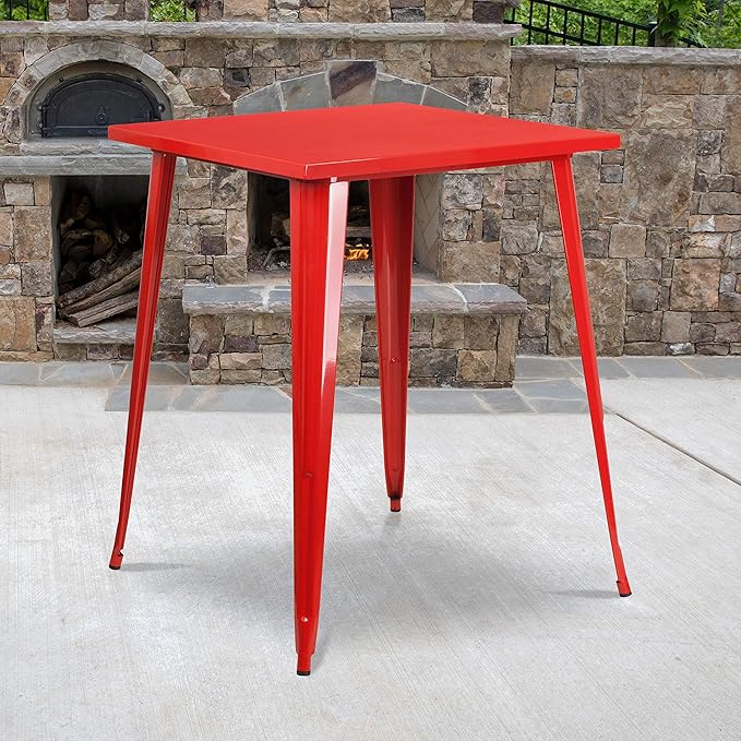 EMMA + OLIVER Commercial Grade 31.5" Square Red Metal Indoor-Outdoor Bar Height Table