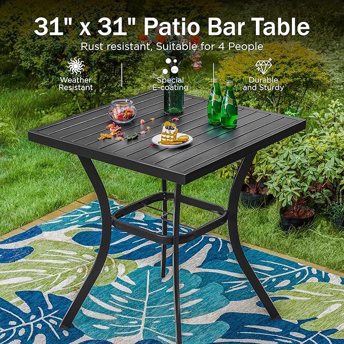 PHI VILLA 5 Piece Outdoor Bar Furniture Set, Counter-Height Patio Bistro Table & Swivel Bar Stools Chairs with Red Cushion for Garden, Backyard, Deck