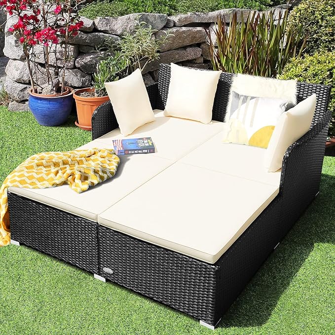 HAPPYGRILL Outdoor Daybed Rattan Wicker Patio Daybed with Padded Cushions Pillows and Sturdy Aluminum Foot, Patio Sofa Furniture Set for Garden Porch Poolside