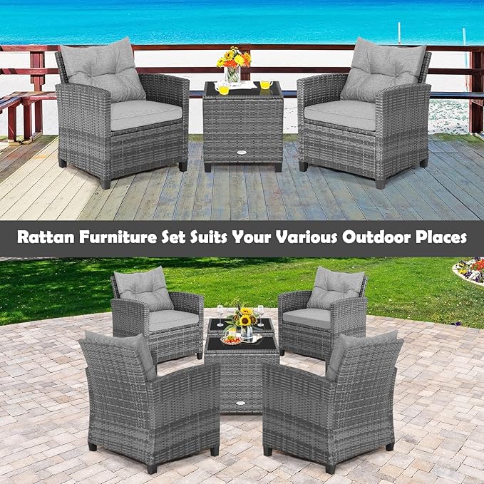 Tangkula 3 Pieces Patio Furniture Set, Outdoor PE Rattan Conversation Chair Set with Tempered Glass Side Table and Removable Cushions, PE Wicker Chairs and Table Set for Porch, Balcony and Garden